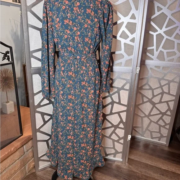 Elegant Floral Wrap Dress - Blue and Orange - Picture 2 of 10